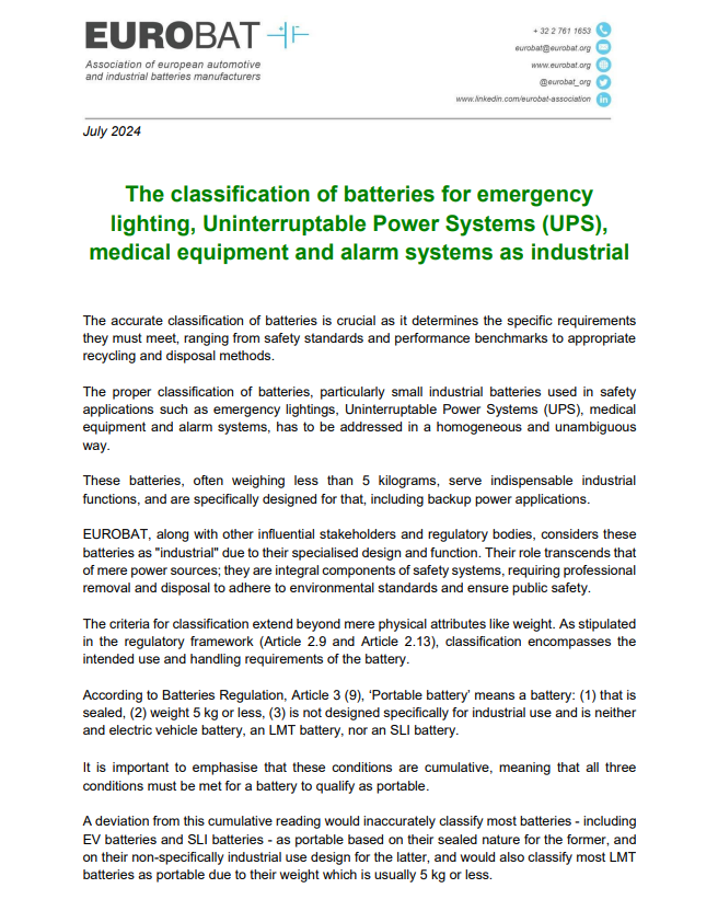 The classification of batteries for emergency  lighting, Uninterruptable Power Systems (UPS),  medical equipment and alarm systems as industrial