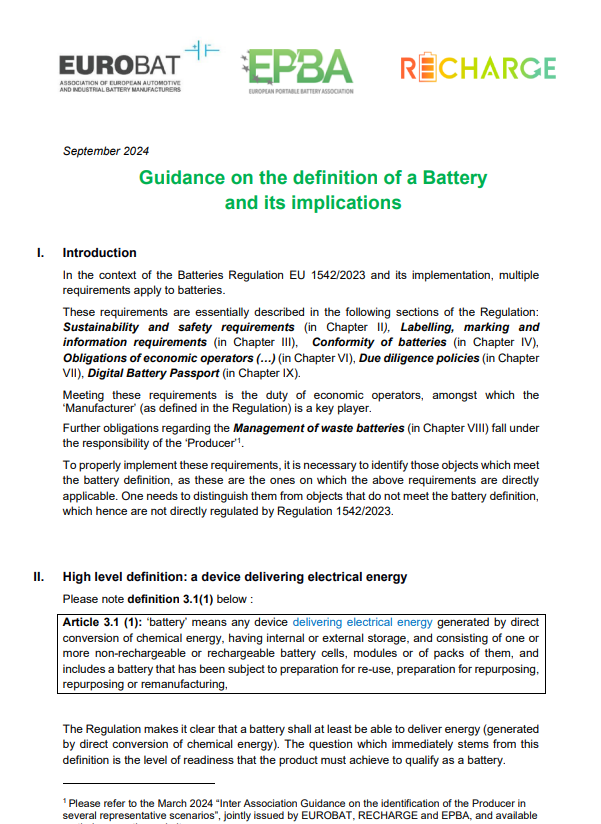 Guidance on the definition of a Battery and its implications