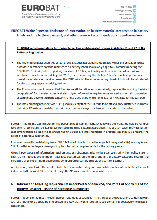 Position paper on substances in battery labels