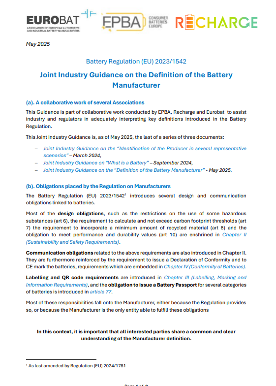 Joint Industry Guidance on the Definition of the Battery  Manufacturer