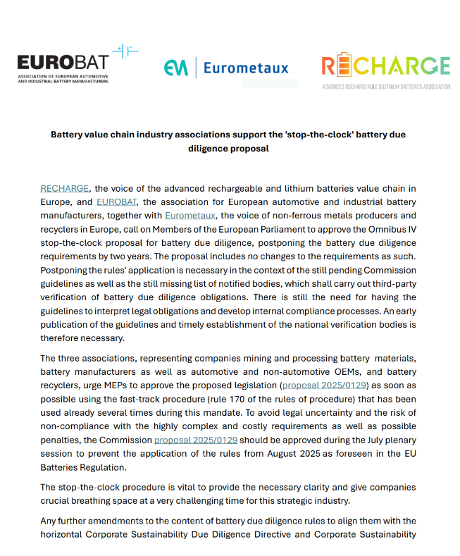 Battery value chain industry associations support the ‘stop-the-clock’ battery due diligence proposal