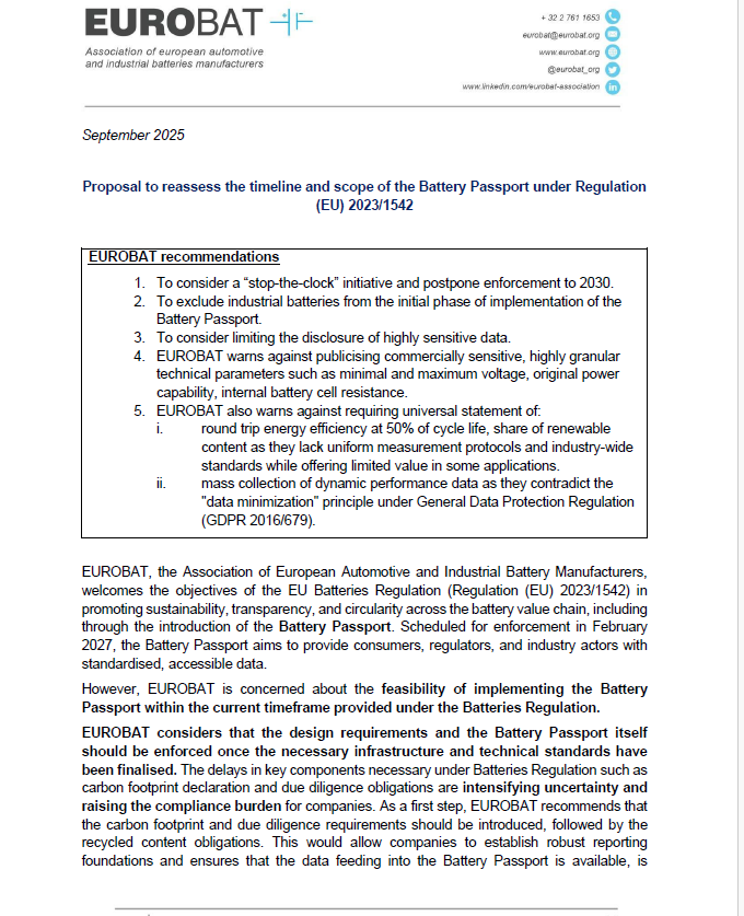 Proposal to reassess the timeline and scope of the Battery Passport under Batteries Regulation (EU) 2023/1542