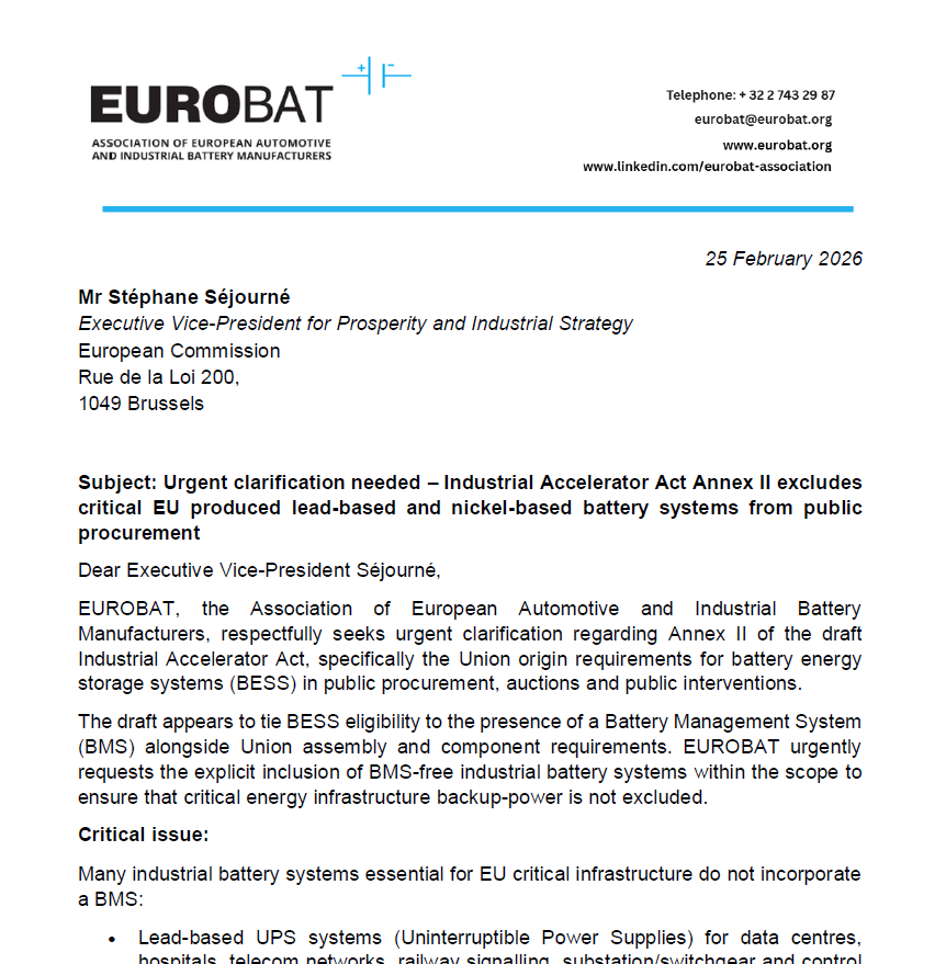 Industrial Accelerator Act Annex II excludes critical EU produced lead-based and nickel-based battery systems from public procurement