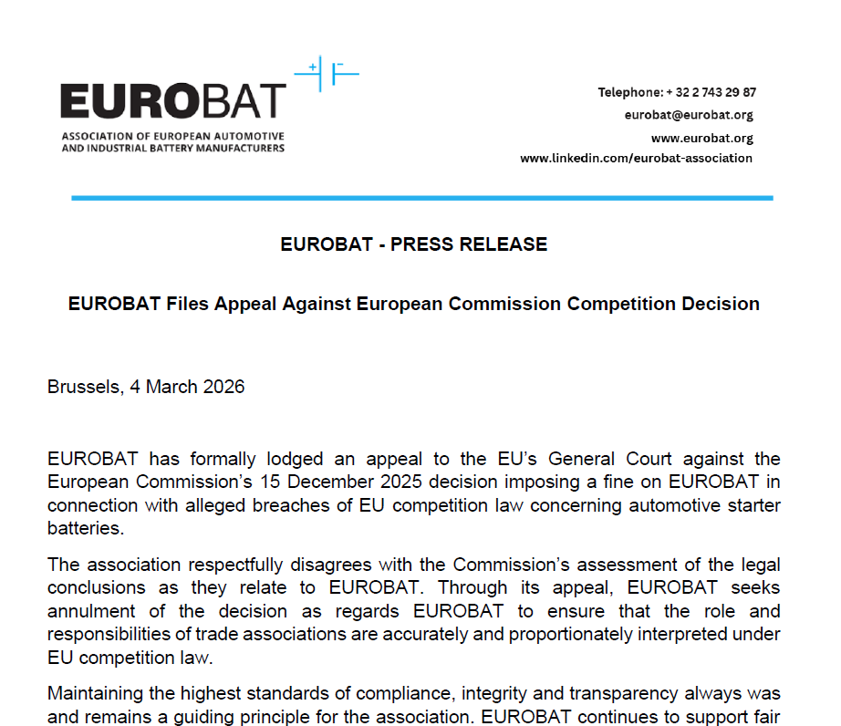 EUROBAT Files Appeal Against European Commission Competition Decision from 15 December 2025